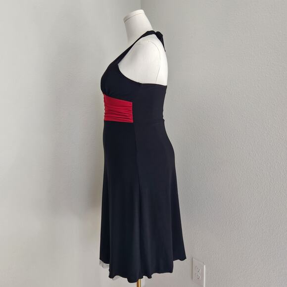 Y2K Byer Black Red Halter Ruched Waist A-Line Midi Dress V Neck Vampirecore L - Picture 6 of 10